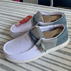 Hey Dude Wally Sox in white, grey, and blue NEW